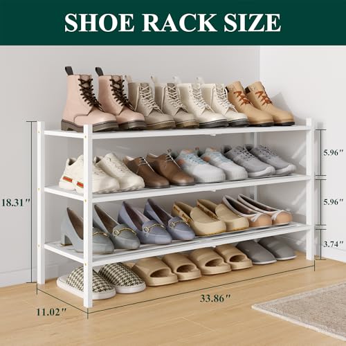 Image of Smiry Bamboo Shoe Rack, 5 Horizontal Slats, 3 Tier - 33.9 inch Wide, White