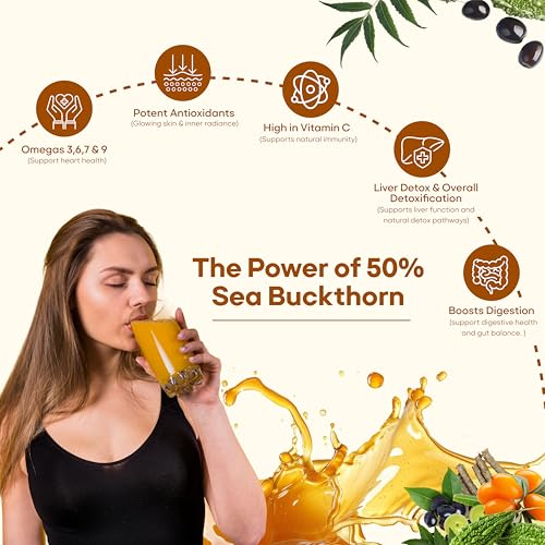 Image of Sugar.fit Himalayan Sea Buckthorn Juice 1000ml | Cold Pressed Seabuckthorn Berry Pulp with 14 Herbs - Amla, Karela, Jamun | Natural Vitamin C, Omega 3 6 7 9 | Immunity, Skin Glow & Gut Health