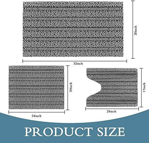 BAYZZ 3 Pieces Bathroom Rugs Set, Non Slip Chenille Bath Mat, Ultra Absorbent Bath Rug, Soft Plush Bathroom Rug for Tub, Bathroom, Shower, Machine Washable Bath Mats (Light Gray)