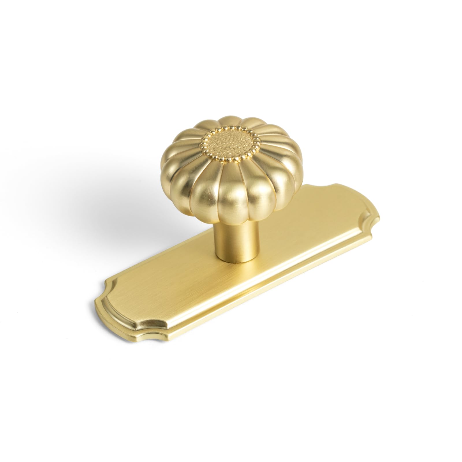 Set of 6 - Elegant Golden Bloom Brushed Brass Cabinet Knobs with Backplate, Drawer Pulls for Kitchen, Dresser Cabinet Hardware for Bedroom, 1-1/4 Inches Diameter HandlesClimatePartner certified
