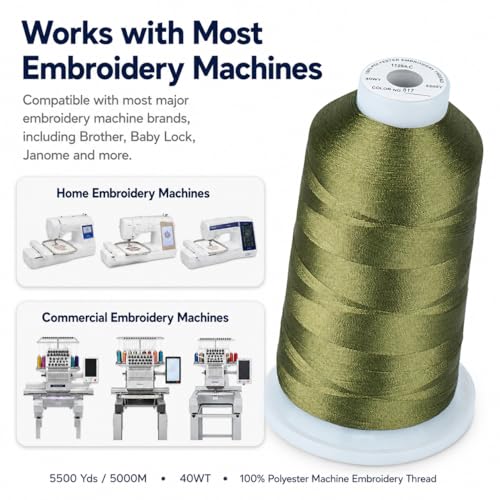 Image of Simthread Embroidery Machine Thread 5000M 40WT Polyester, Dark Olive 517 | 5000M 40WT polyester thread feeds smoothly for home or commercial embroidery projects.