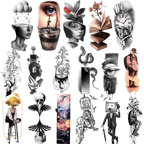 Tatuajes temporales para hombres y mujeres adultos, 77 hojas de pegatinas de tatuajes falsos de estilo abstracto, serpientes, relojes, planetas, tatuajes con patrones de meditación para niñ