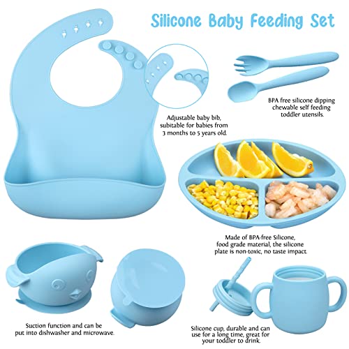 Cibeat Baby Led Weaning Supplies, 7 Pcs Silicone Toddler Feeding Utensils - Adjustable Bibs, Suction Divided Plate, Placemat, Spoon, Fork, Suction Bowls, Straw Sippy Cup - Aids Self Feeding Kit #TOP5