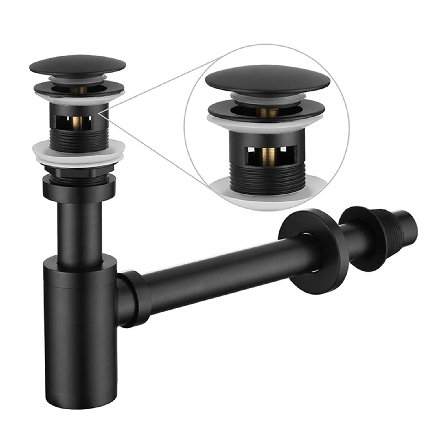 Design Siphon mit Pop Up Ventil Ablaufgarnitur für Waschbecken,1 1/4 zoll aus Messing Abflussgarnitur Abfluss für Bad, Geruchsverschluss inkl. Dichtungen, Schwarz Retro,Mit Ejektorventil
