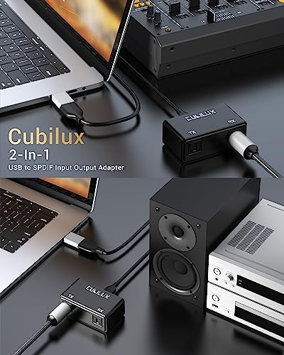 Cubilux adapter USB na SPDIF 2 w 1, odbiornik nadajnika USB do TOSLINK, kompatybilny z MacBookiem, laptopem, komputerem, TYLKO dźwiękiem stereo, nie do telefonu lub tabletu