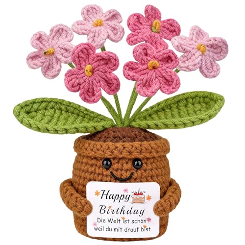 Mwmoeen Gestrickte Blumen Geburtstagsgeschenk für Frauen Handgemachte Vergissmeinnicht Rosa Geburtstags Blumen Pocket Hug Positive Geschenk für Freundin Frau Mama