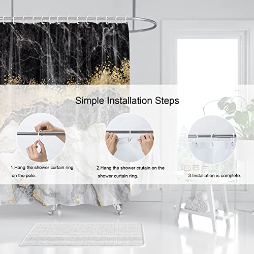 Marble Shower Curtain, Black Marble Shower Curtain Set, Abstract Luxury Black Grey Gold Glitter Veins Texture Shower Curtains For Bathroom, Waterproof Fabric With 12 Hooks, 72 X 72 Inches #TOP6