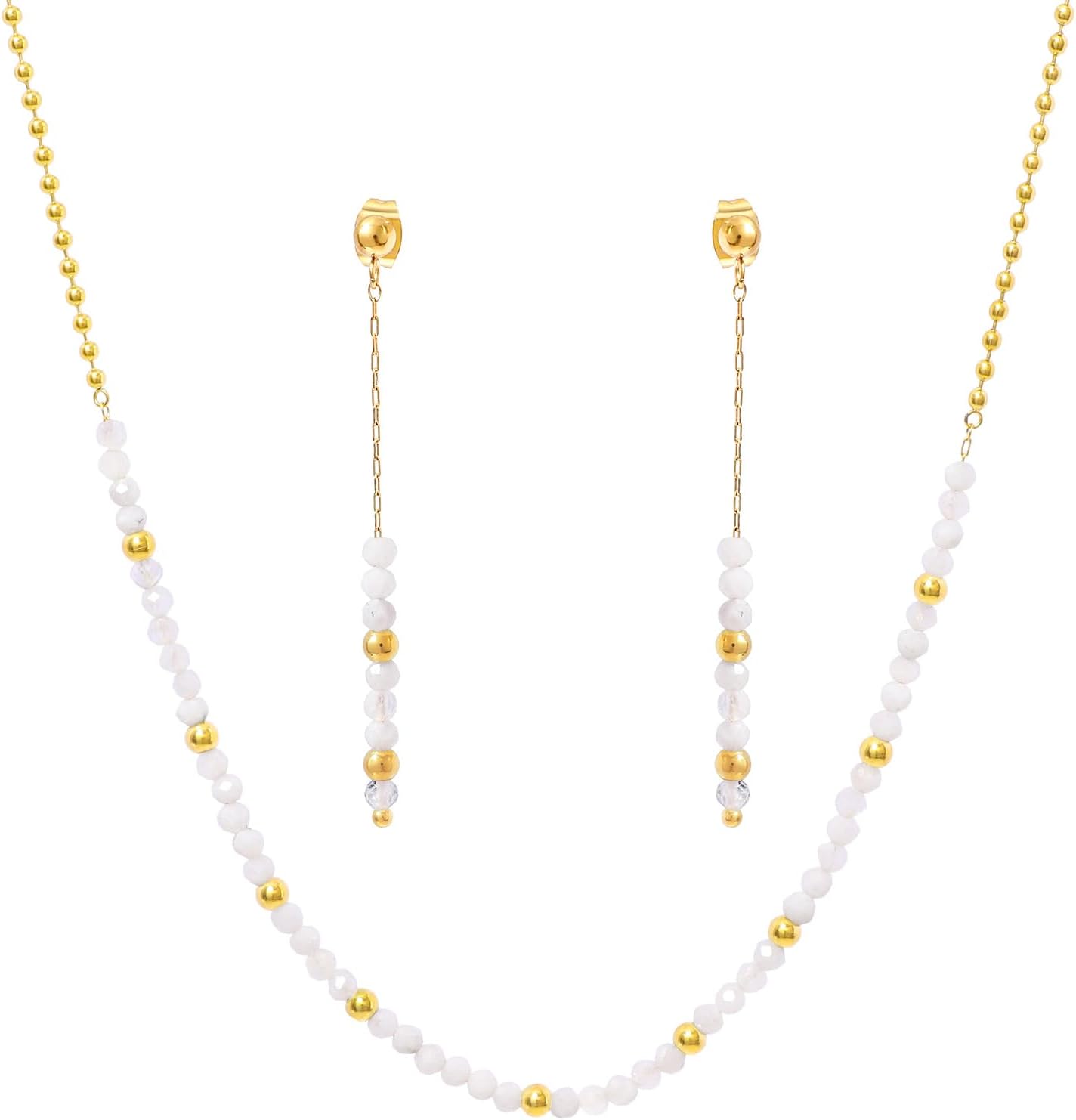 Natural Stone Beads Jewelry Set for Women Stainless Steel Round Ball Beaded Chain Necklace and Earrings Set Christmas Gift for Mother Wife