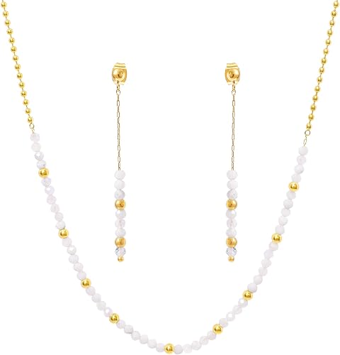 TaYolnFaSo Round Moonstone Beads Jewelry Set for Women 18K Gold Plated White Moo