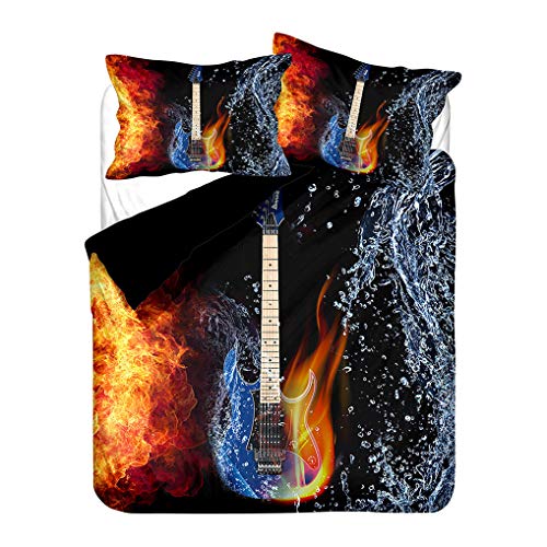 Juego de Cama 3D Guitarra Rojo Azul Agua Fuego Hippie Música Estilo Funda nórdica y Funda de Almohada Niños Chico Chica Funda de edredón con Cremallera (Estilo 2, 150x200 cm - Cama 90 cm) Cover