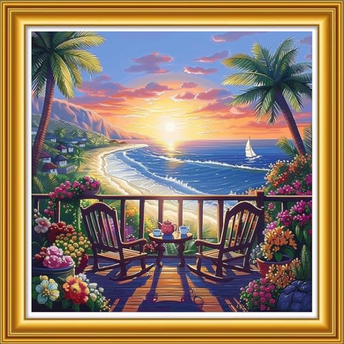 Image of Dooxvey Counted Cross Stitch Kits for Adults 11CT Printed Cross-Stitch Patterns Cross Stitching Embroidery Kit Stamped or Counted Needlepoint Kits-Drinking Tea by the Seaside 18x18 inch