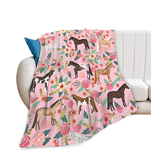 Horse Blanket Gifts for Girls Women Western Horses Flowers Print Fleece Flannel Throw Blankets Soft Lightweight Animal Plush Stuffed Pink Throws for Kids Adults Bed Sofa Decor 50x40