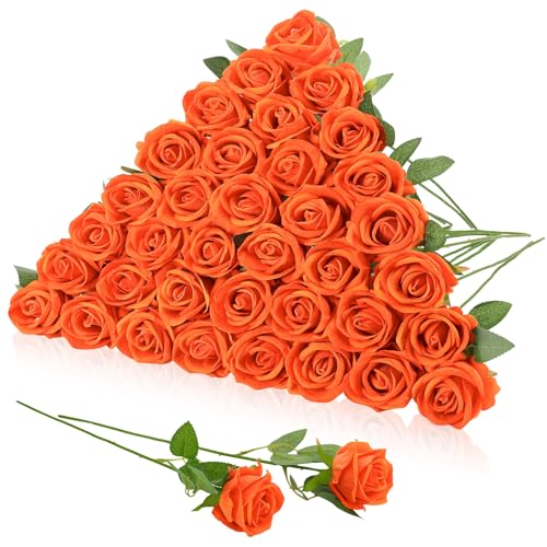 Hoemwarm 36 Pcs Velvet Burnt Orange Artificial Flowers Bouquet Fake Rose Long Stem Realistic Fall Bridal Shower Decorations Bulk for Halloween Thanksgiving DIY Wedding Ball Arrangement