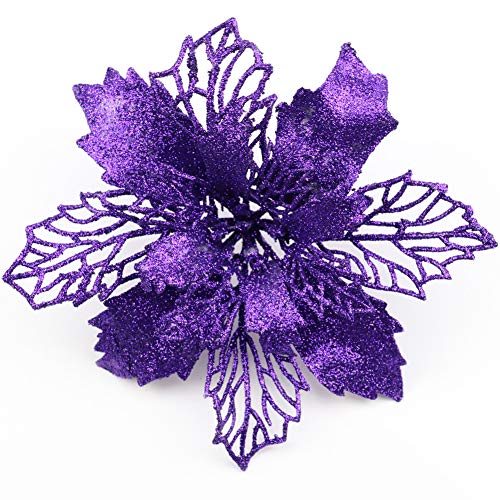 Sofecto 12 Pack Christmas Glitter Poinsettia Flowers Artificial Flower Christmas Tree Decorations and Ornaments 16cm Diameter with Clips(purple)