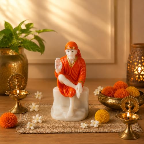 Image of eCraftIndia Sai Baba Idol for Home Temple | Marble Finish Shirdi Sai Baba Murti | Spiritual Decorative Showpiece for Home Decor & Gifting | Orange & White Finish