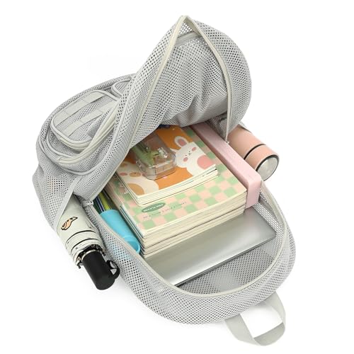 Grey Mesh Backpack for Girls Boys, Heavy Duty School Bookbag Womens Semi-Transparent Net Back Pack for Work Travel Beach4