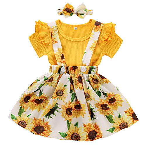 jkhhi Newborn Adorable Infant Girls Solid Color Ruffled Short Sleeve Tops+Small Floral Print Button Suspender Skirt Set(Orange,6-12M)