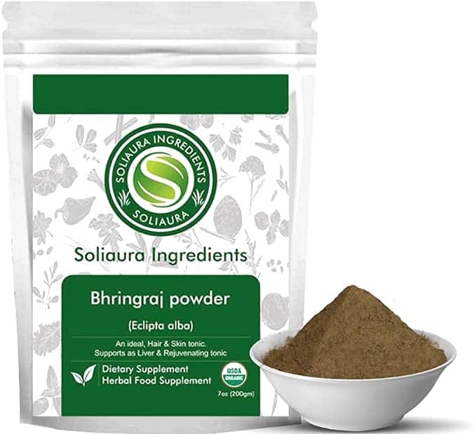 Soliaura Bhringraj Powder Eclipta alba 200g 7oz Homemade Indian Cuisine Organically Grown 100% Pure & Natural Vegan & Non GMO