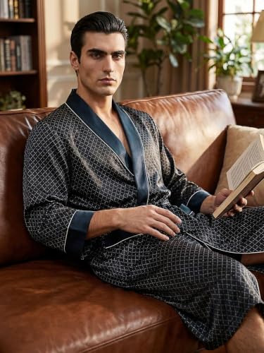 Image of Men's 100% Mulberry Silk Long Robe Kimono Paisley Print Bath Robe, Heavy Silk 19 Momme Dressing Gown