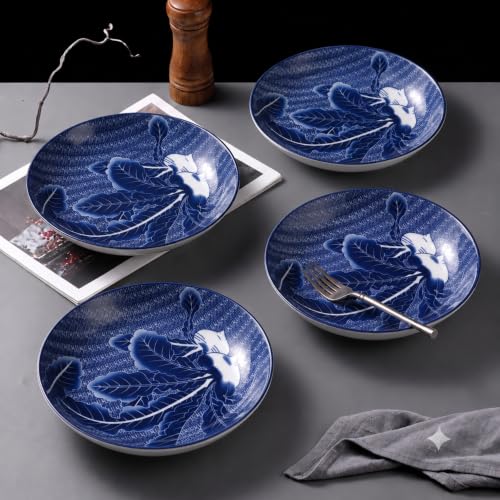 Image of Ceramic Dinner Plates, Round Serving Plates, Floral Leaf Design, Food Grade Ceramic, Microwave & Dishwasher Safe, Deep Coupe Plates for Dining, Snacks & Desserts(Botanical Leaf Pattern, PACK OF 4)
