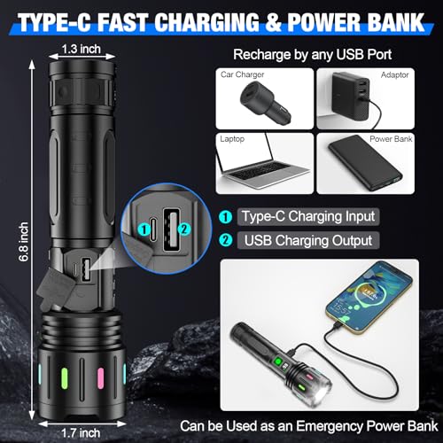 Image of Flashlights High Lumens Rechargeable, Super Bright LED Powerful Flashlight | Type-C, 5 Modes, Zoomable, IPX5 Waterproof Flash Light for Camping, Emergency, Hiking