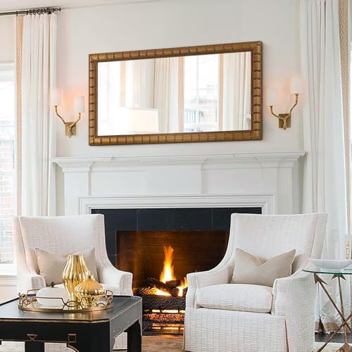 Image of Large Wall Decorative Mirror, 48'' x 24'' Antique Gold Mirror with Bamboo-Joint Design, Rectangular Warm Gold Mirrors for Bathroom, Entryway, Dining Room, Fireplace,Horizontal /Vertical