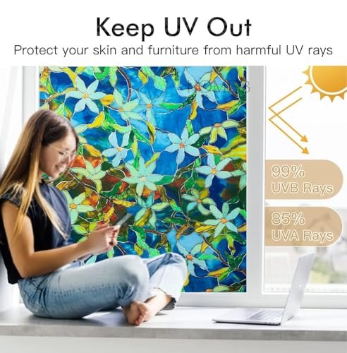Image of HOME13 Window Privacy Film Frosted Glass Film Decorative Window Sticker Removable Window Film Home Office Privacy Film Window Coverings (Mystic Flower, 1 Feet by 7 Feet)