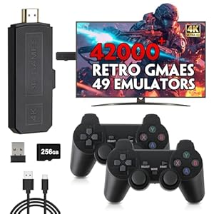 Akaxi Wireless Retro Game Console Stick, 4K Plug & Play TV Video Game Stick, Pre-Installed 42,000+ Games, 49 Emulators, 256GB Memory Card, with Dual 2.4G Wireless Controllers, HDMI Output