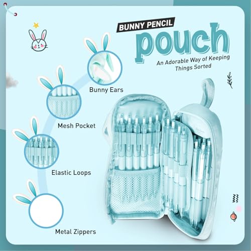 Image of DEOXY Polyester Large Capacity Pencil Pouch for Girls & Boys with 3 Zippers & 5 Compartments | Waterproof Aesthetic Cute Bunny Ears Standing Pencil Case for Kids, Multiutility Pouch (Sea Green)