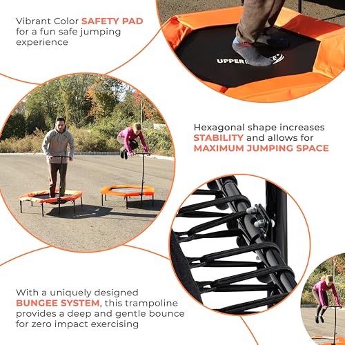 Image of Upper bounce Mini Workout Trampoline Adjustable tshaped handrail - Hexagonal rebounder Kids & Adults - Fitness Trampoline Equipment Supports up 220lbs. (Orange, 50 Inches)