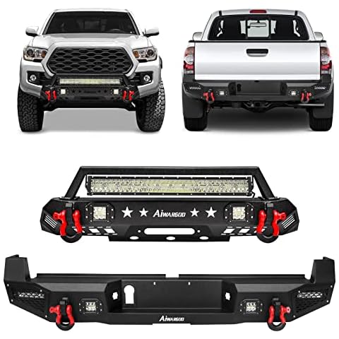AIWARGOD Tacoma Front and Rear Bumpers Combo Compatible with 2016-2023 Tacoma Offroad Textured Bumper with 7PCS LED Lights, Winch Plate and D-rings Cover