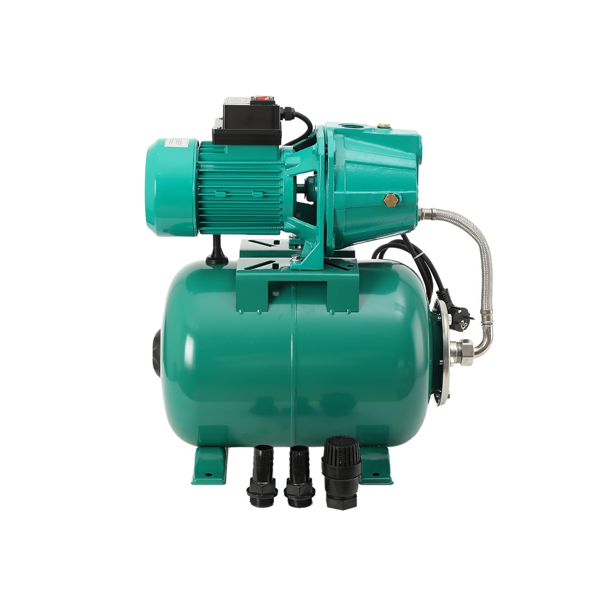 Bomba Agua Autoaspirante 1100W con Depósito 24L, Caudal 3000L/h | IP44 resistente al agua, caudal 50L/min, altura 45m, aspiración 9m, presión 3.5bar, conexión G1, para riego y drenaje