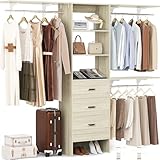 Besiost Closet System with Drawer - 8FT Wood Closet Organizer System with 3 Hanging Rods and Shelving Tower, 96' Walk In Closet Organizer Wardrobe, Heavy Duty Garment Rack Clothes Rack, White Oak