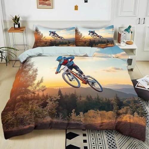 Housse de Couette 140 x 200 Vélo BMX Imprimé 3D Parure de lit 1 Personne VTT avec 2 Taies d'oreiller 65x65 cm Douce Microfibre Literie 3 Pièces pour Enfants a.823