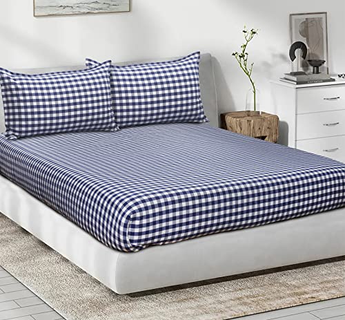 Image of AIRWILL, 200GSM Handloom Cotton Double Bedsheet with 2 Pillow Covers (Gingham Check Blue)