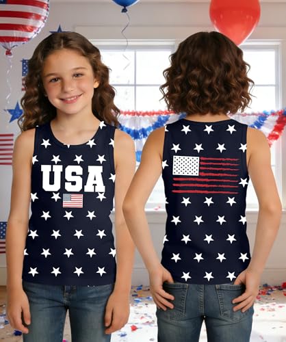 Image of Ithalt Girls 4th of July Tank Top for Kids Boys USA Patriotic Shirt American Flag Tshirt Red White and Blue Sleeveless
