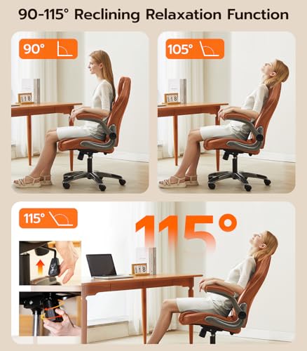 Office Desk Chair, Ergonomic Computer Chair with Padded Flip-Up Arms and Adjustable Lumbar Support, PU Leather Executive Chair with Tilt Lock and 360° Swivel Rolling Wheels for Work, Study