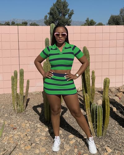 Image of HBQ Women's Casual 2 Piece Skirt Sets Polo Collar Crop Top Striped Mini Dress Summer Vacation-Stripe