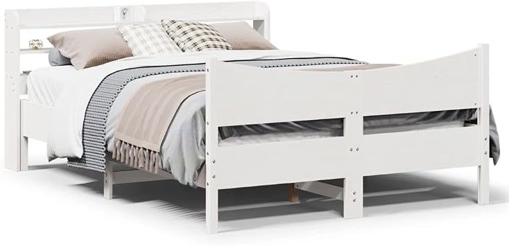White Solid Pine Wood Bed, 160x200 cm Platform Bedframe with Headboard, Durable Mattress Support Foundation, Storage for Adult Sleeping Space