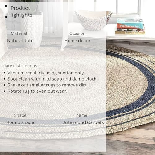 Image of Rounds Jute Carpet - Handwoven Natural Fiber Rug for Living Room, Bedroom, Entryway | Boho Chic Eco-Friendly Area Rug | Rustic Designer Floor Mat:-(Jute Black Design, 4x4 feet