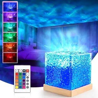 One94Store Ocean Wave Projector Lamp 3D Water Wave Effect Romantic LED Night Light Remote Control USB Crystal Table Lamp for Home Decor, Bedroom & Gift, Multicolor Light (Cube Shape)