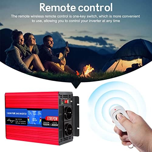 ETREPOW 1000W Przetwornica 12v 230v Czysty Sinus z 2 gniazdami EU i bezprzewodowym pilotem, ekranem LCD, Falownikiem Nadaje się do użytku na zewnątrz, w domu, na kempingu, w kamperze