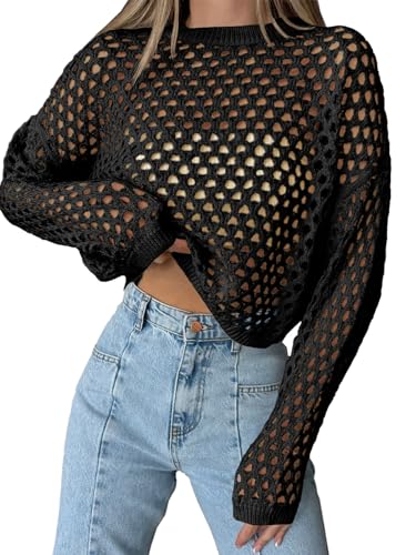 Saodimallsu Womens Crochet Crop Tops Summer Long Sleeve Mesh Knit Beach Cover Up Hollow Out Crewneck Pullover Sweaters