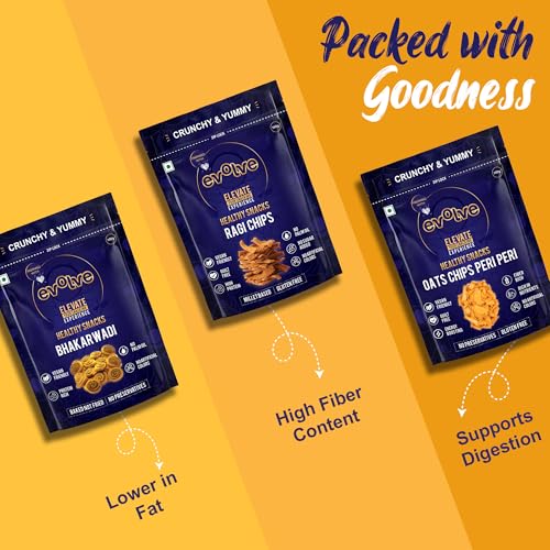 Image of Evolve Combo Healthy Snacks for Kids, Adults | Baked Bhakarwadi, Ragi and Oats Chips | Vacuum Fried, No Artificial Colors & Preservatives - Pack of 3 (100g Each)