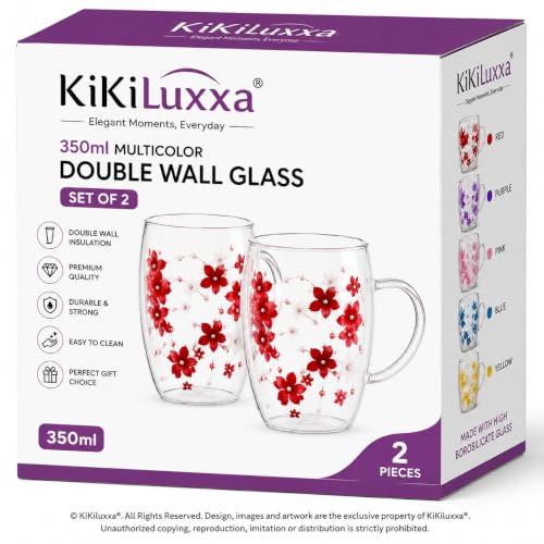 Image of KiKiluxxa 350ml Double Wall Glass Tea Coffee Mug Set of 2 | Glass Cups with Movable Decorative Flowers & Pearl Beads | Insulated Glass Mug for Tea, Coffee, Milk, Gift (Royal Lavender+Sky Bloom)