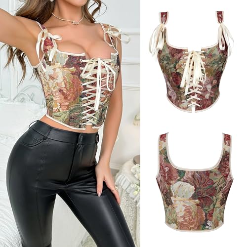 Image of Women-Renaissance-Floral-Corset-Bustier Vintage-Gothic-Camisole-Shapewear | Retro overbust corset bustier top,lace-up adjustable fit,for daily,cosplay, Halloween and themed costume