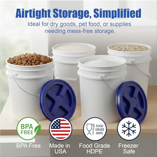 Image of ePackageSupply 5 Gallon Bucket - Food Grade w /Lid BPA-Free, White /Blue, 6 | Airtight Gamma Seal Screw-On Lid, Heavy-Duty 90 Mil HDPE Plastic, Food Safe and Durable Container, Bulk Storage, Made in USA