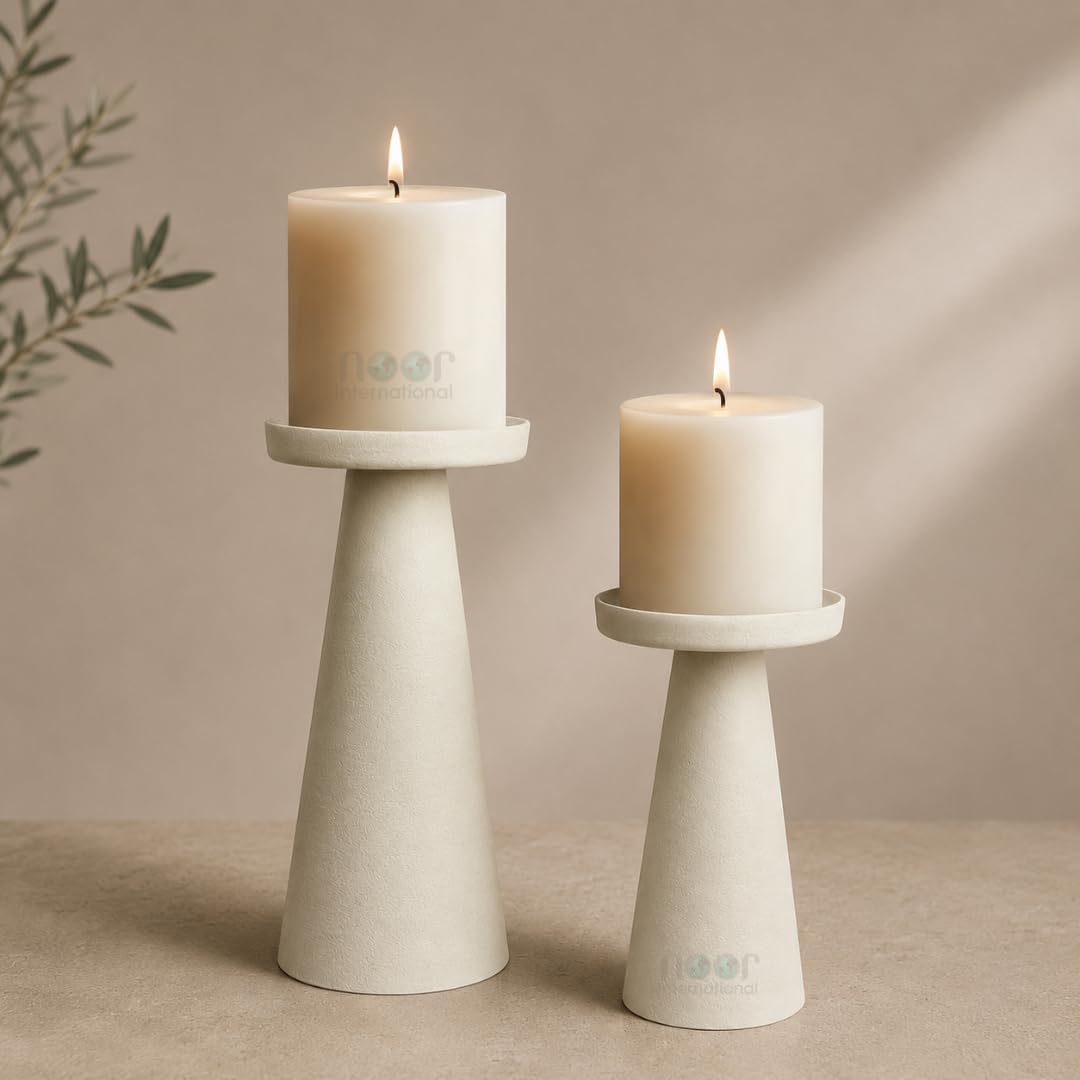 Noor International Premium White Leather Textured Pillar Candle Holder Set of 2 | White Metal Candle Pillar Holder Stand | Centerpiece for Living Room, Dining & Wedding Decor (White Leather Texture)-image-27