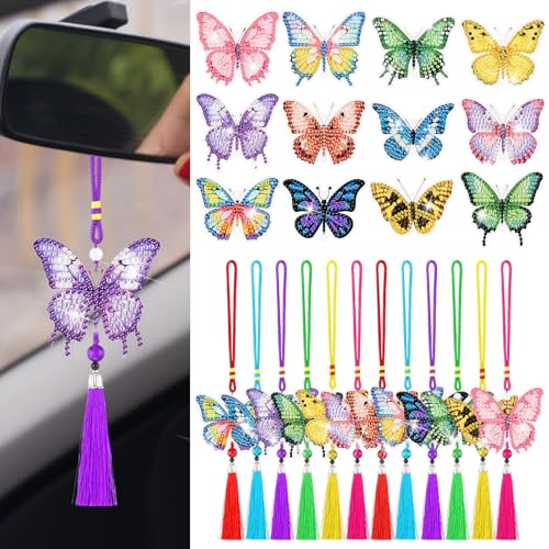 JenPen 12 Pcs Diamond Painting Car Ornaments Butterfly Diamond Art Ornament for Car Double Sided Painting Hanging Ornament Garden Decoration Multicolor Crystal Gem Paint DIY Kit