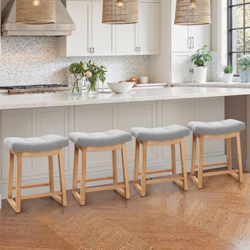 Image of Counter Height Bar Stools Set of 4, 24 Inch Backless Upholstered Counter Stools with Solid Rubberwood Legs, Modern Farmhouse Saddle Stools for Kitchen Island, Home Bar, Grey Linen Fabric
